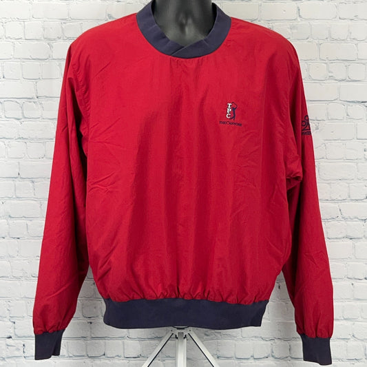 ProQuip Red Golf Jacket with Navy Trim, Size Large, Front View, Featuring Logos on Chest and Sleeve