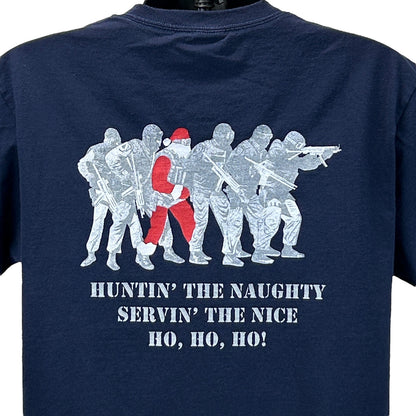 Navy Jerzees T-Shirt with Christmas graphic featuring Santa and soldiers, size large, front view