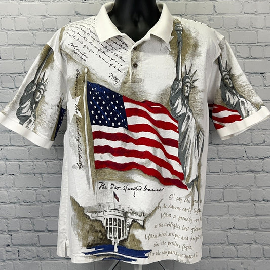 Men's short-sleeve polo shirt featuring the Star Spangled Banner design with Statue of Liberty in beige and red hues