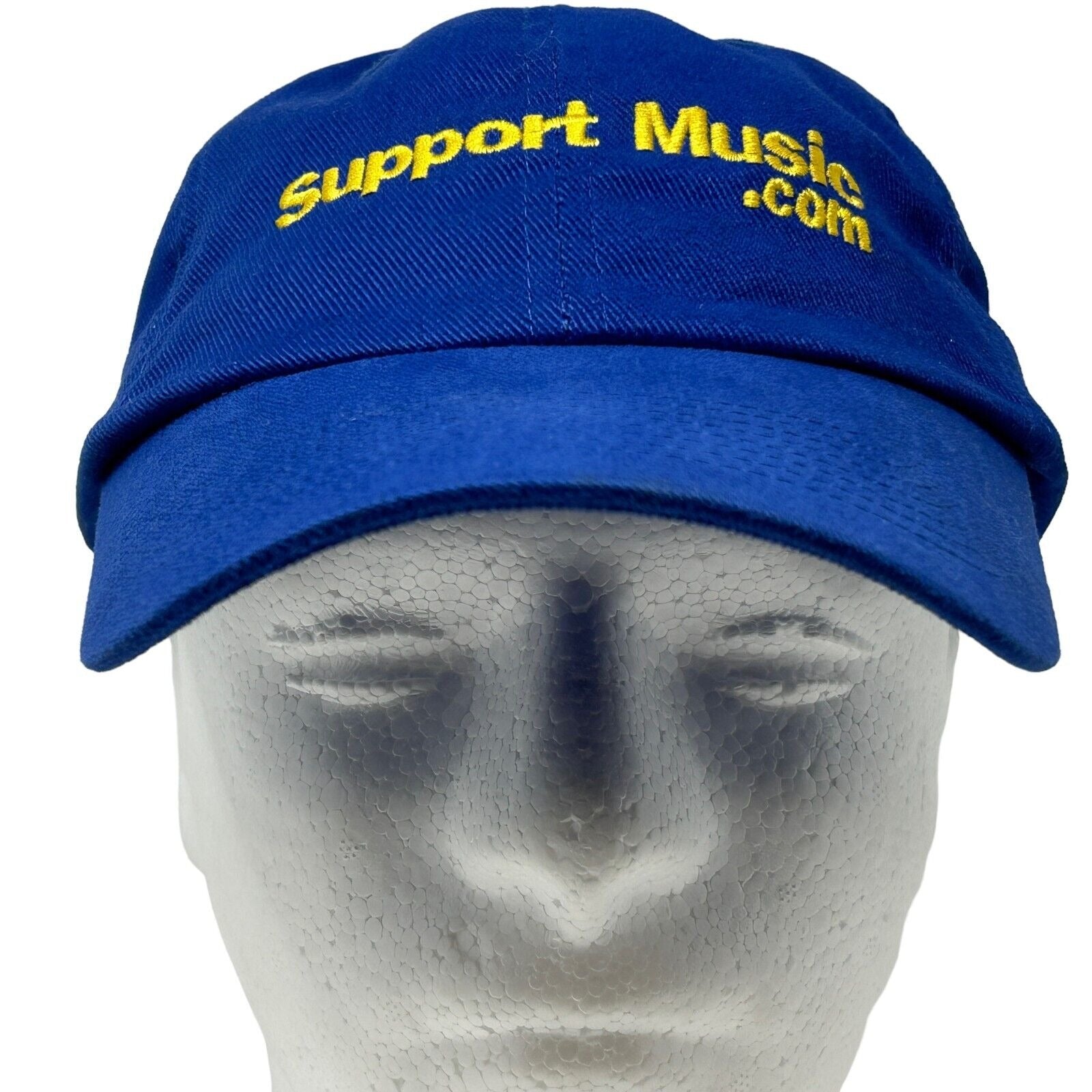 Front view of blue Support Music baseball cap with yellow logo text for music supporters