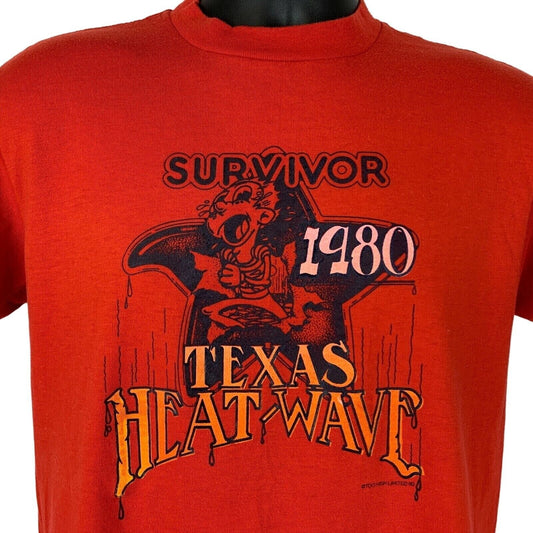 Vintage red T-shirt featuring Texas Heat Wave graphic and Survivor 1980 text, front view.