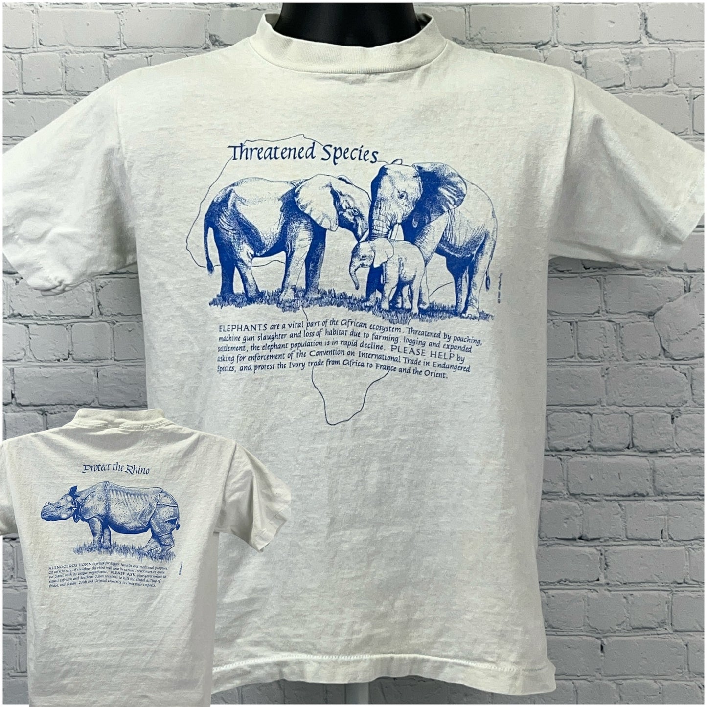 Vintage white t-shirt featuring Elephant Rhinoceros design in blue with wildlife message on front