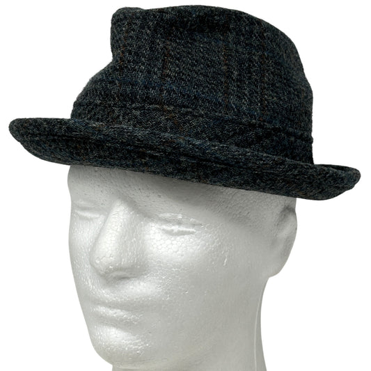 Vintage Fedora Hat in Dark Gray with Plaid Pattern and Classic Shape, Front View