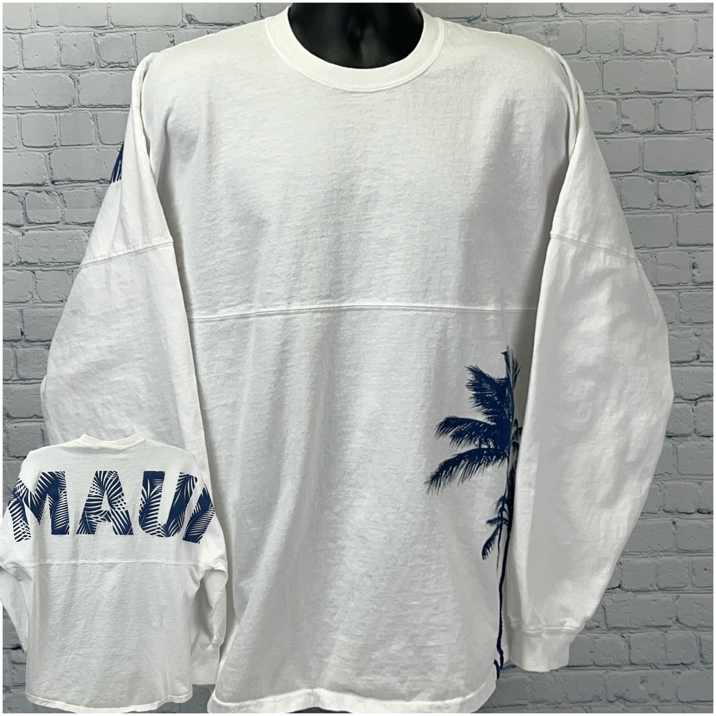 White Spirit Jersey long sleeve shirt featuring Maui text and palm tree design on the front and back