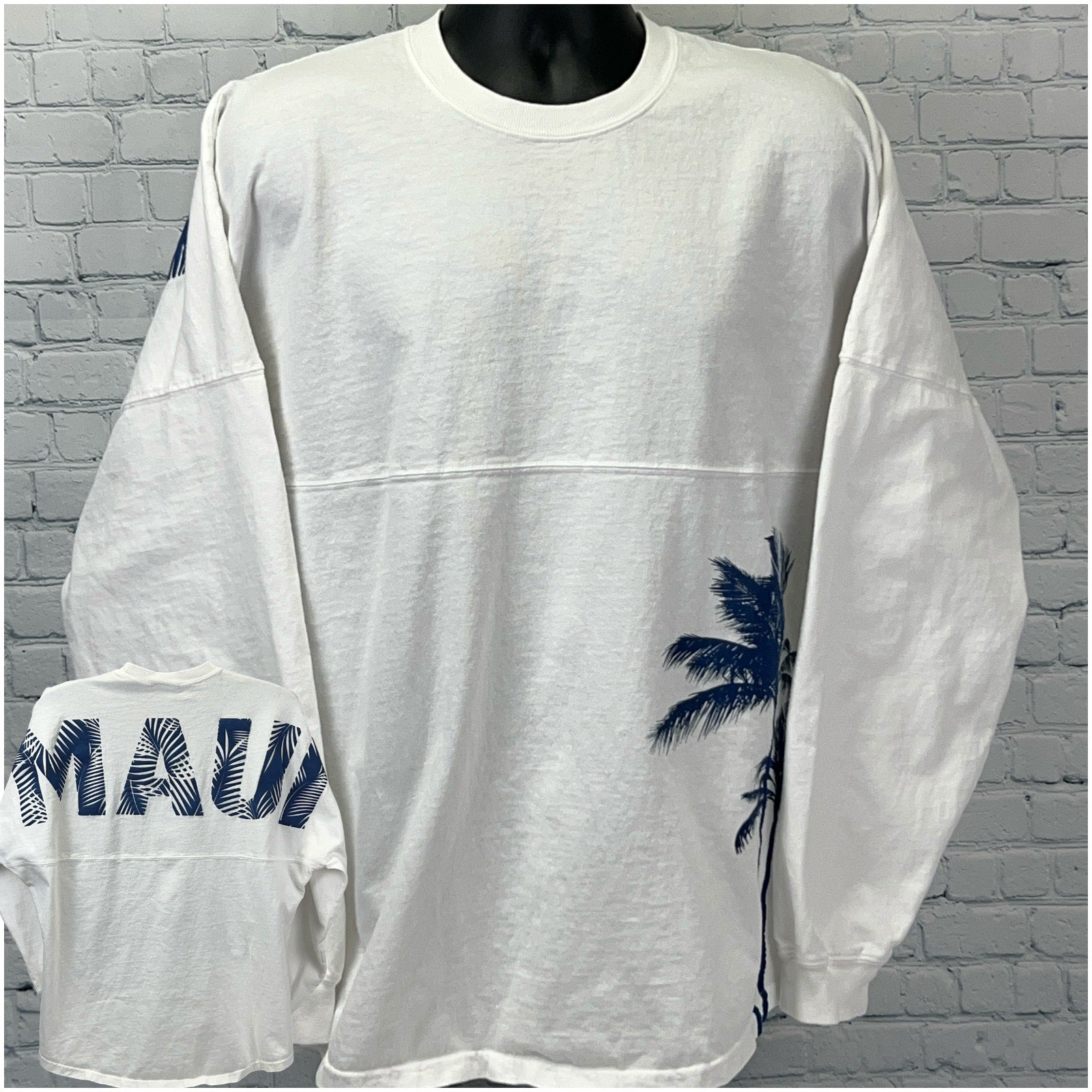 White Spirit Jersey long sleeve shirt featuring Maui text and palm tree design on the front and back