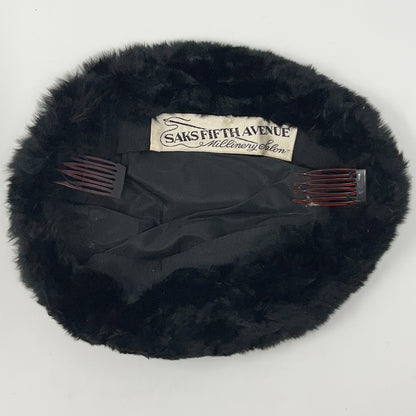 Saks Fifth Avenue vintage black pillbox hat, inside view, with hair comb attachments