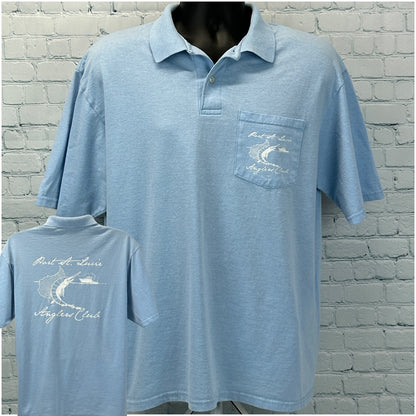 Light blue Jerzees polo shirt with Port St Lucie logo on left chest pocket view