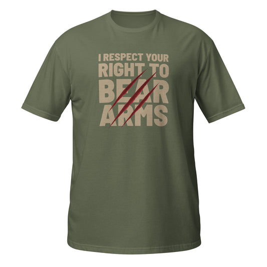 Olive green Neon Vintage T-Shirt featuring 'I Respect Your Right to Bear Arms' graphic on the front