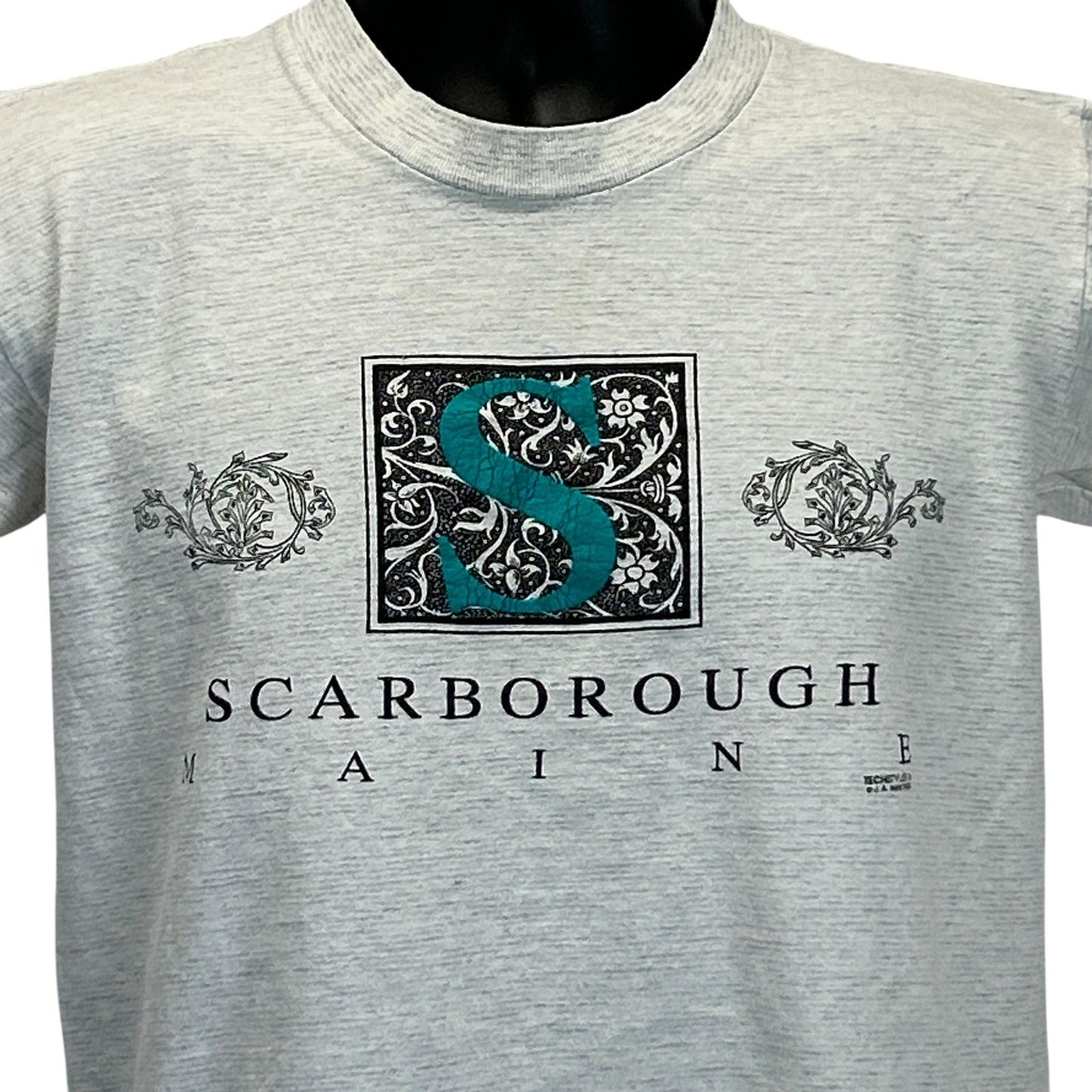 Gray Tennessee River T-Shirt featuring Scarborough Maine graphic on the front in teal and black