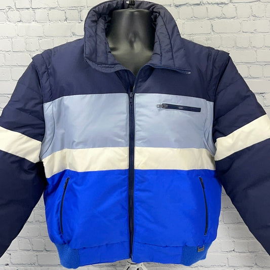 Edelweiss Ski Jacket in Blue and Grey with Front Zip and Logo on Chest, Ideal for Cold Weather