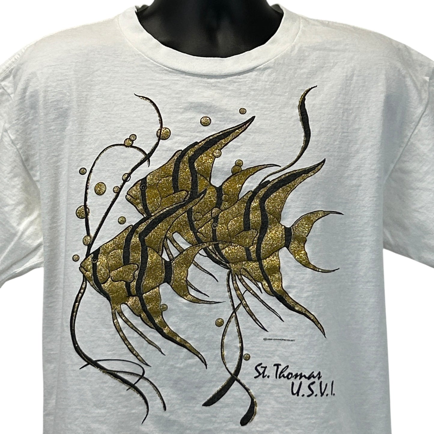 Vintage white T-shirt featuring St Thomas graphic of fish with gold accents, front view