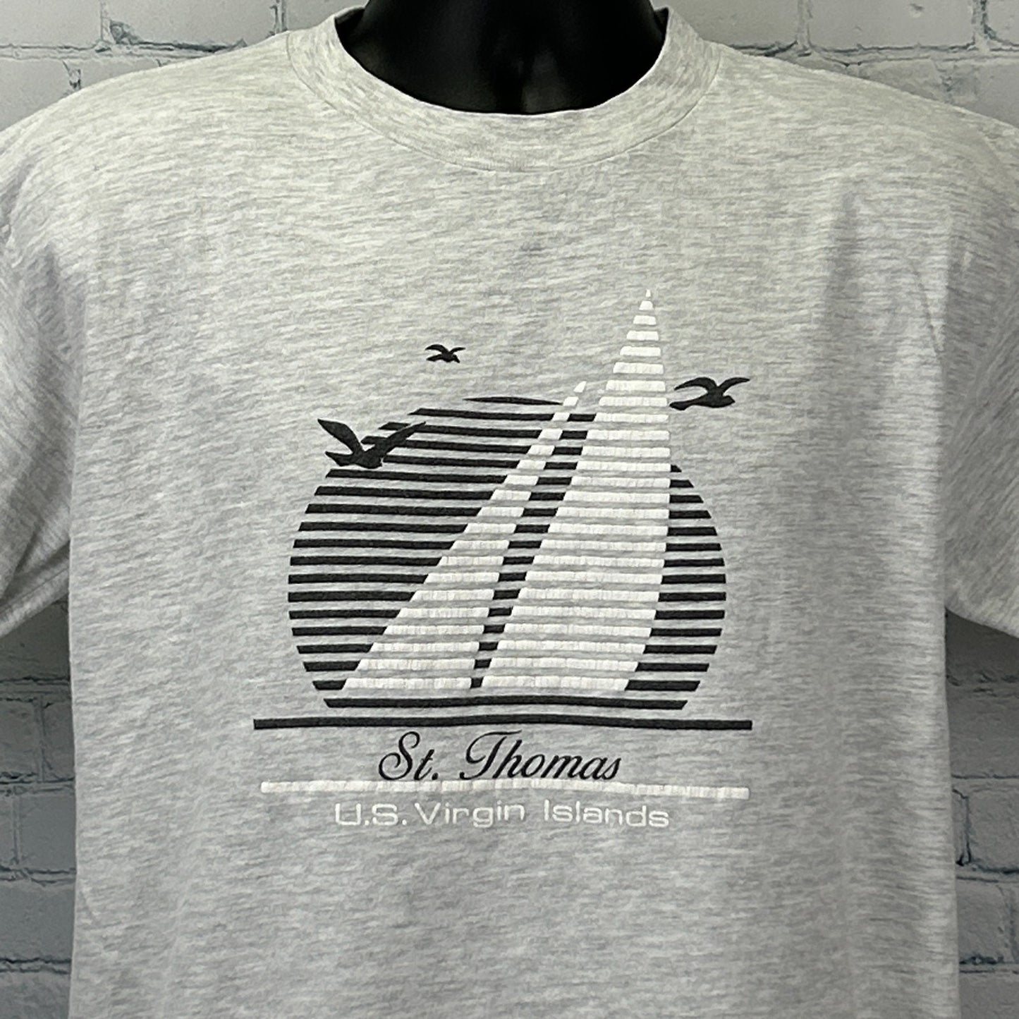 Gray Vintage T-Shirt featuring St Thomas Virgin Islands US graphic in front view with sailboat design