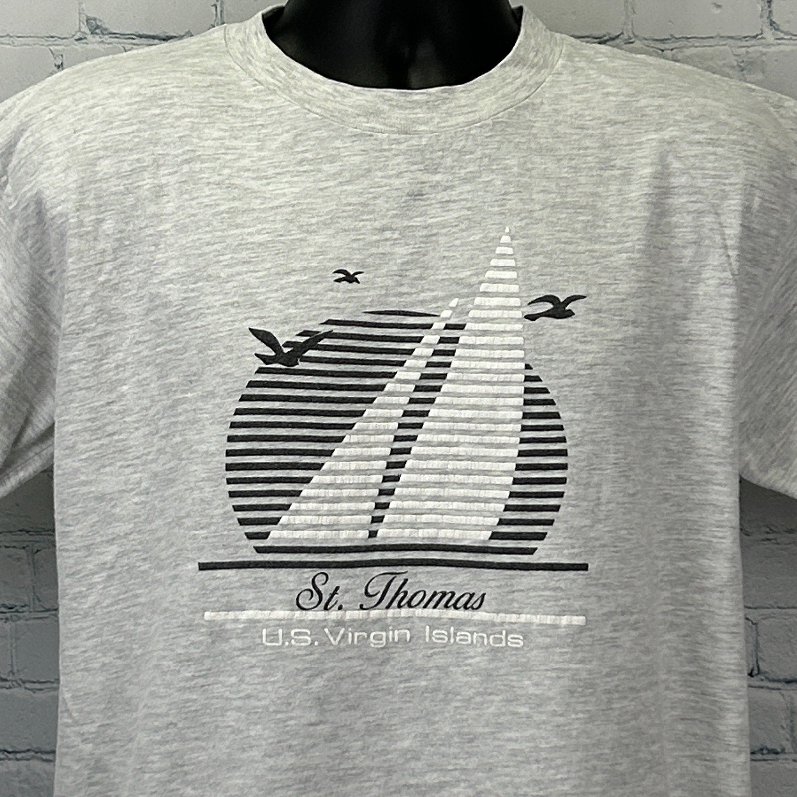 Gray Vintage T-Shirt featuring St Thomas Virgin Islands US graphic in front view with sailboat design