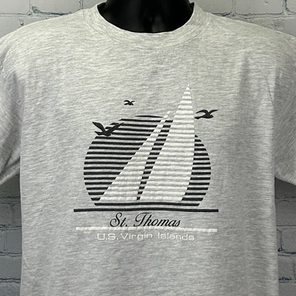 Gray Vintage T-Shirt featuring St Thomas Virgin Islands US graphic in front view with sailboat design