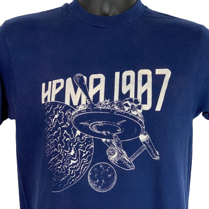 Navy Hanes T-Shirt featuring Star Trek graphic with spaceship and planets, size medium, front view