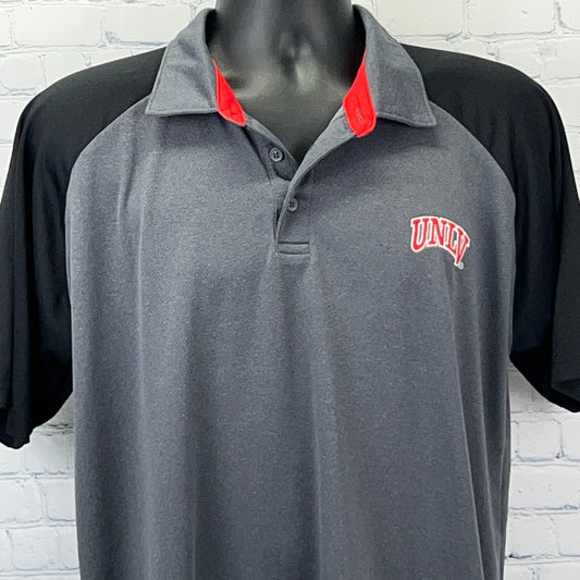 Front view of Champion UNLV polo shirt in gray and black with red logo detailing