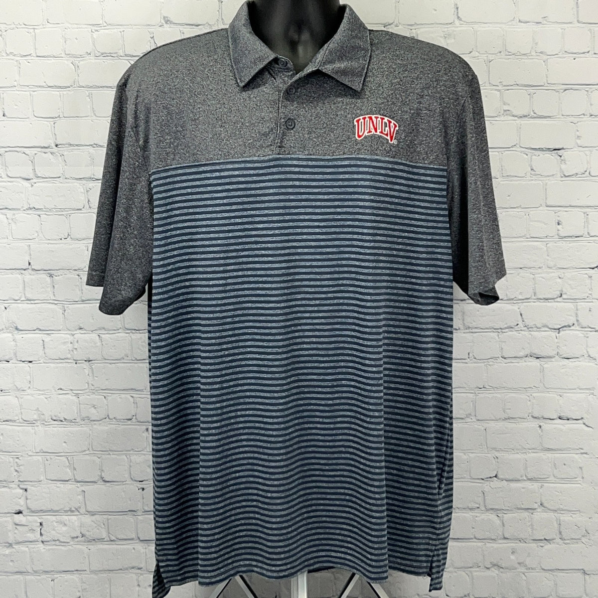 Gray Champion polo shirt with UNLV logo, featuring striped pattern, front view