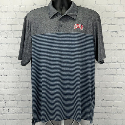 Gray Champion polo shirt with UNLV logo, featuring striped pattern, front view