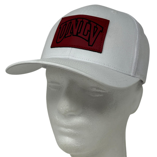 White Richardson Cap with Red UNLV Logo, front view showcasing the embroidered patch detail
