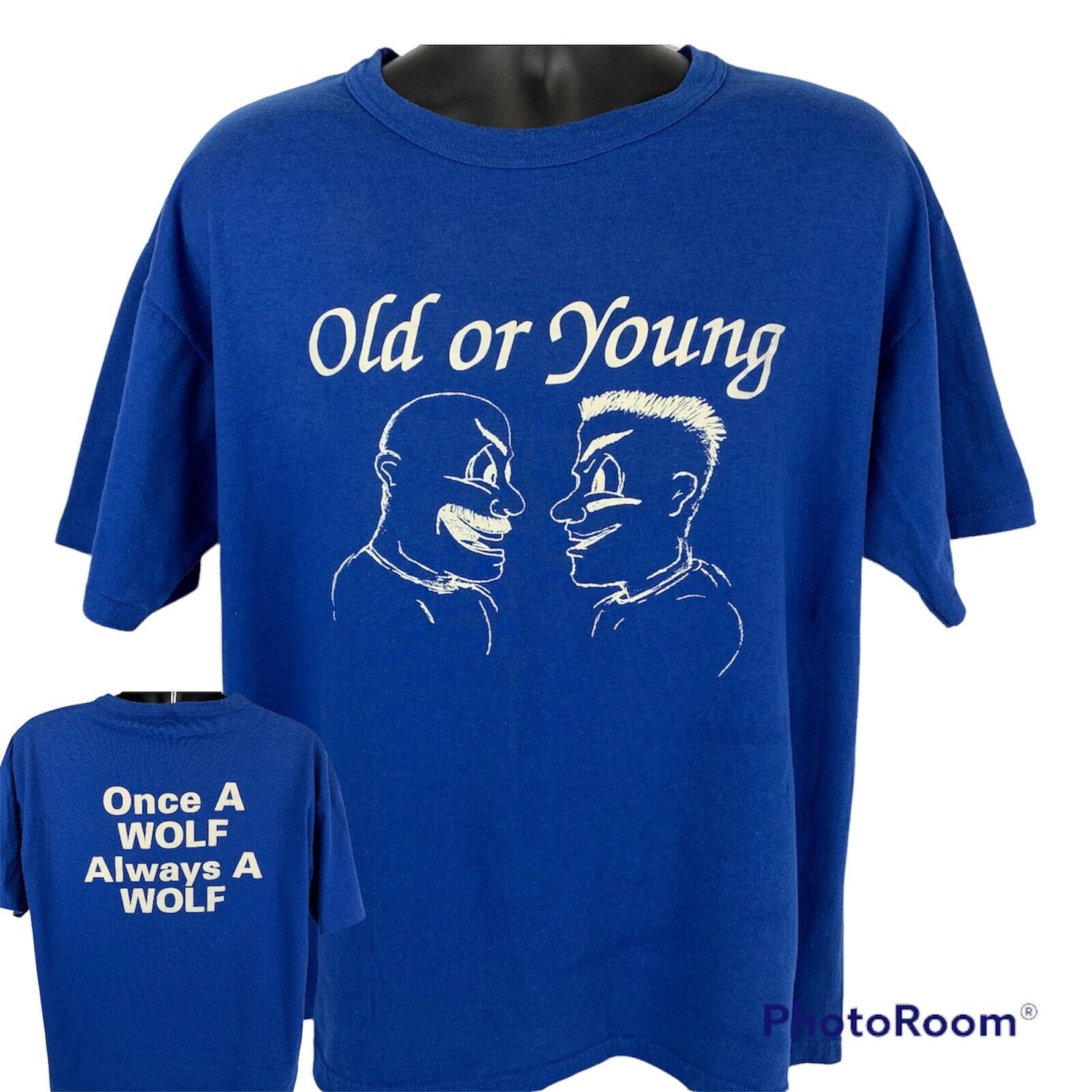 Front view of blue UNR Shirt by Russell Athletic featuring Old or Young graphic; back displays Once A WOLF Always A WOLF text