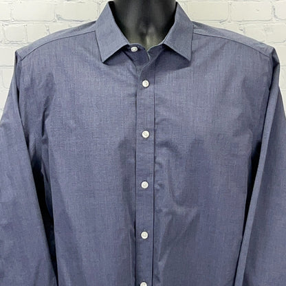 UNTUCKit navy blue long-sleeve dress shirt in size medium, featuring a clean front view with button placket