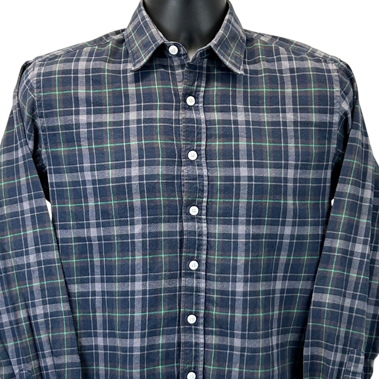 UNTUCKit navy plaid shirt in size medium, front view with button-down collar and white buttons