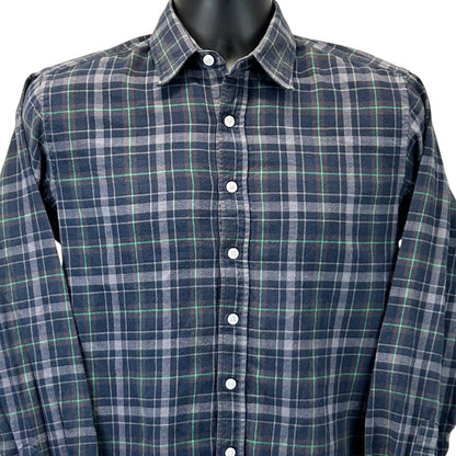 UNTUCKit navy plaid shirt in size medium, front view with button-down collar and white buttons