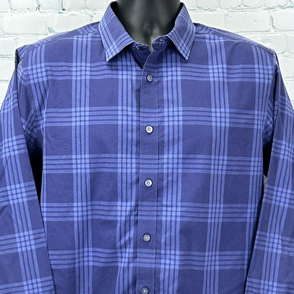 Front view of a blue plaid UNTUCKit Shirt in size large with button-down collar and logo detail