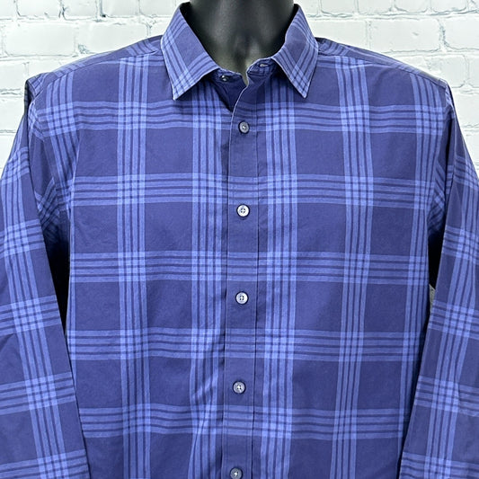 Front view of a blue plaid UNTUCKit Shirt in size large with button-down collar and logo detail