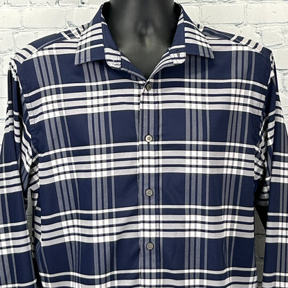 Navy and white checkered UNTUCKit Shirt in size medium displayed from the front with button details