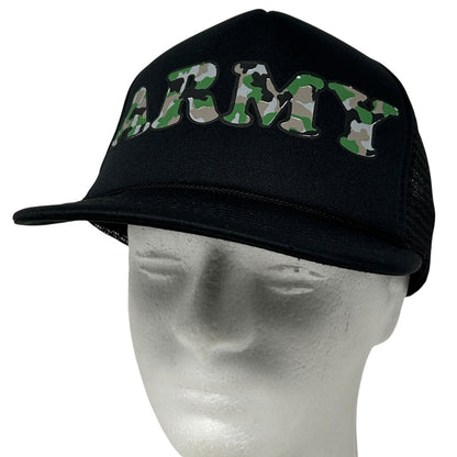 Vintage black cap featuring US Army in camouflage letters, front view with mesh back detailing