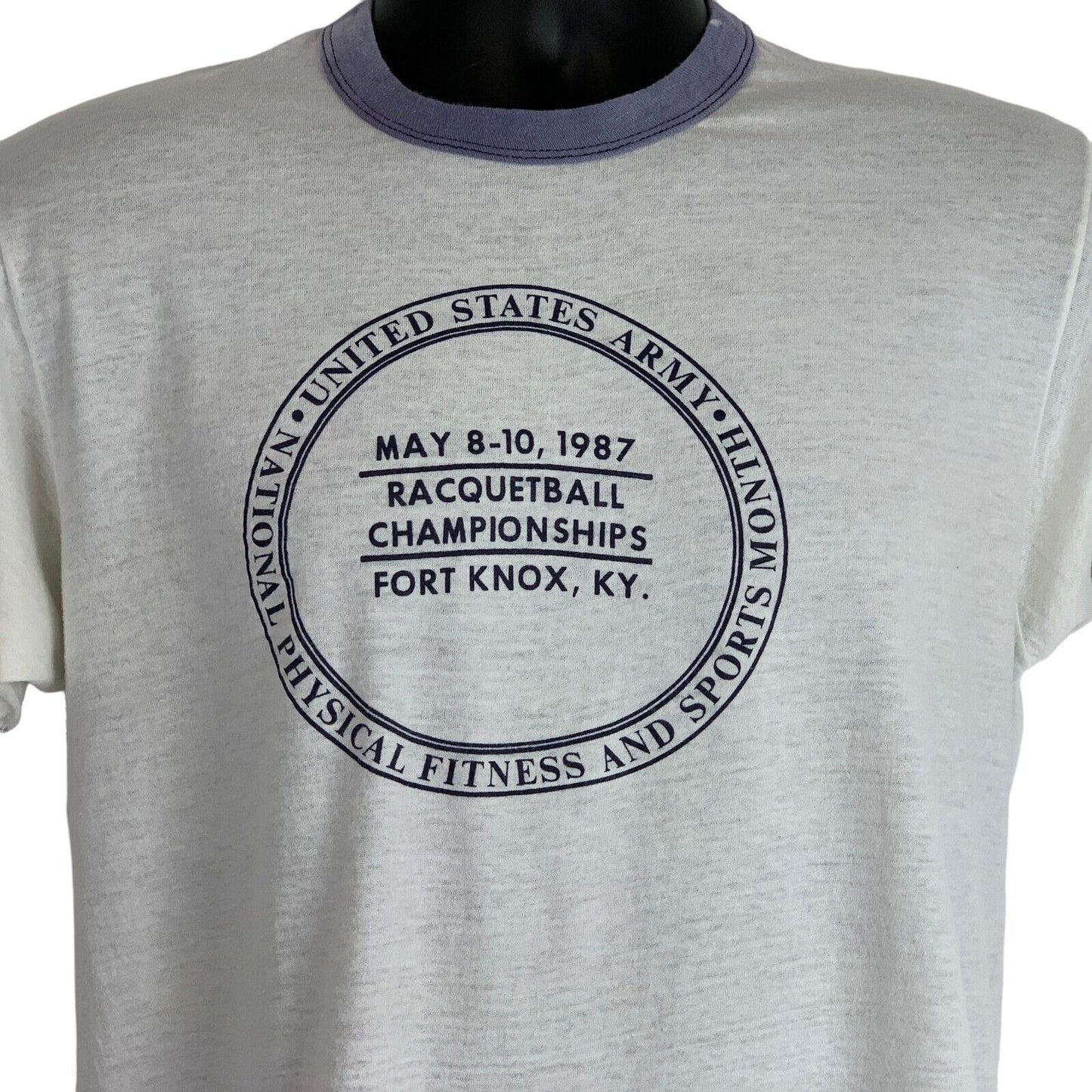 Vintage US Army Racquetball T-Shirt in cream with blue trim, featuring Fort Knox championship details