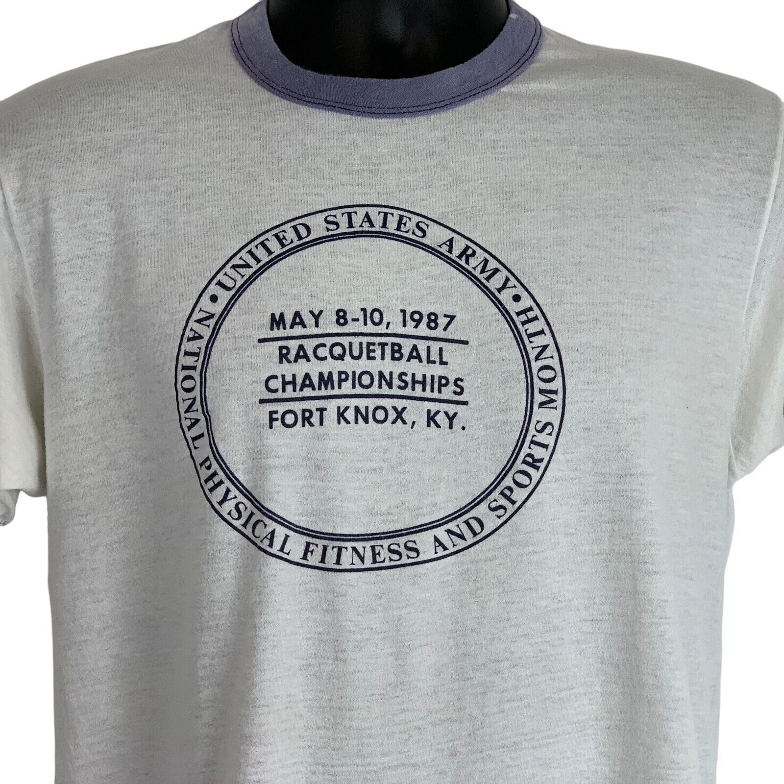 Vintage US Army Racquetball T-Shirt in cream with blue trim, featuring Fort Knox championship details
