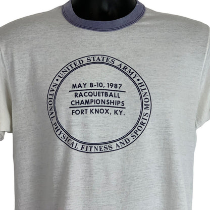 Vintage US Army Racquetball T-Shirt in cream with blue trim, featuring Fort Knox championship details