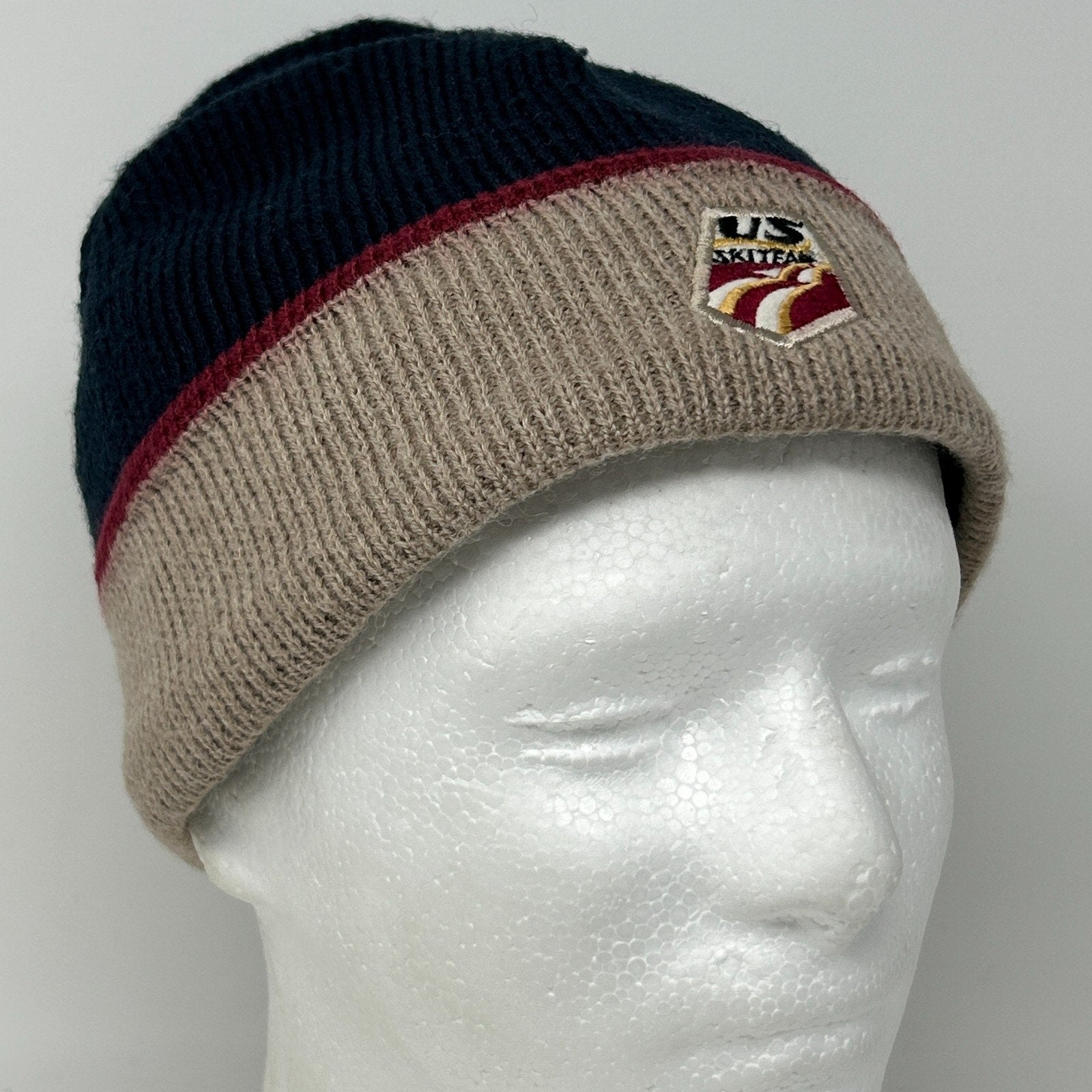 US Ski Team Knit Hat in Navy and Beige with Logo on Front for Winter Sports Enthusiasts
