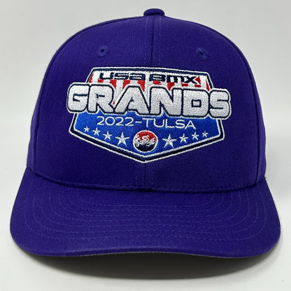 Purple BMX Hat featuring USA BMX Grands logo for 2022 Tulsa event, front view with 2022 detail