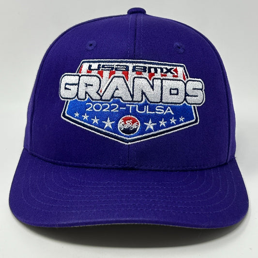 Purple BMX Hat featuring USA BMX Grands logo for 2022 Tulsa event, front view with 2022 detail