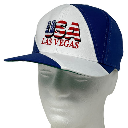 Front view of a blue and white baseball cap with USA Las Vegas embroidered design