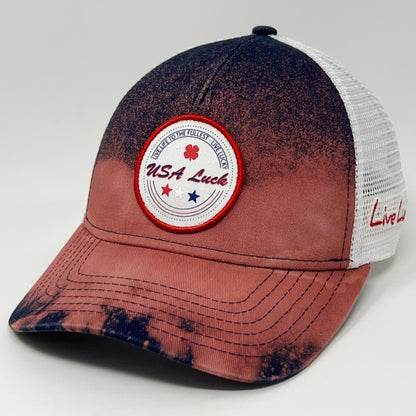 Black Clover trucker cap hat in red and navy with USA Luck patch and mesh back for casual wear