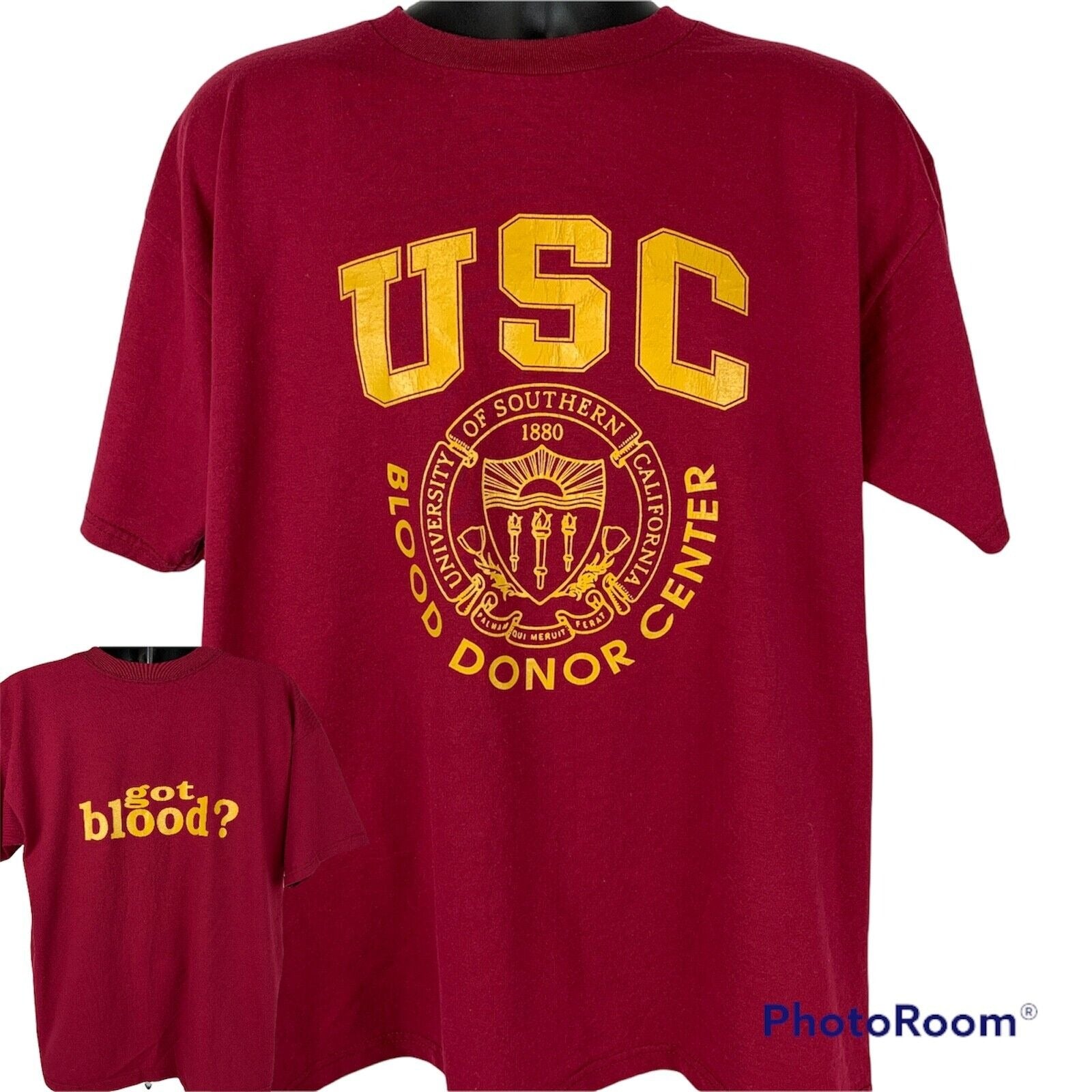 Maroon USC Trojans T-Shirt with University logo and 'got blood?' text, available in large size
