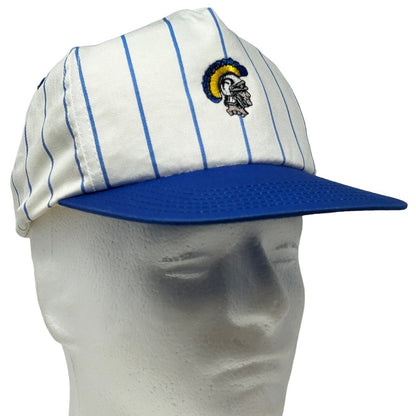 Vintage USC Trojans baseball cap in white with blue stripes, featuring embroidered logo on front