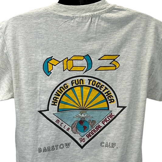 Gray Hanes T-Shirt featuring USMC logo and colorful graphic on back for casual wear