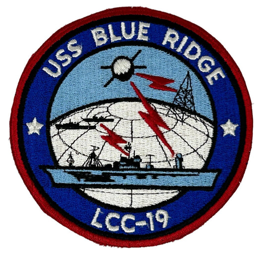 Vintage USS Blue Ridge embroidered patch in circular design, featuring a ship and symbols in blue and red