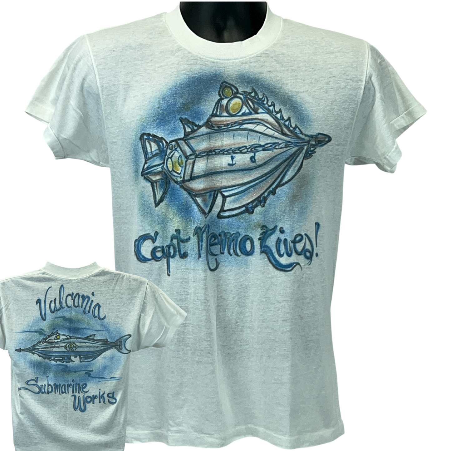 White K-mart T-Shirt featuring Captain Nemo Submarine graphic on front and 'Valcania Submarine Works' on back
