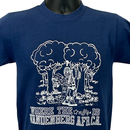 Navy Artex T-Shirt featuring Vandenberg AFB graphic on the front with trees and a character