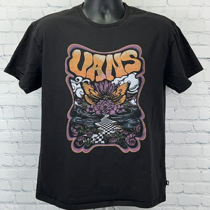 Vans black t-shirt featuring a colorful graphic with butterflies and flowers in front view