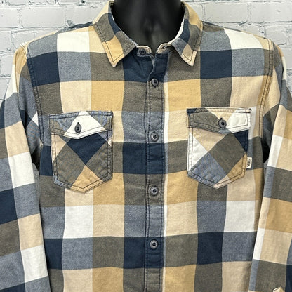 Vans Shirt in plaid pattern with yellow, navy, and white colors, featuring front chest pockets