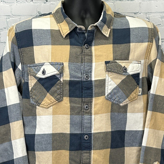Vans Shirt in plaid pattern with yellow, navy, and white colors, featuring front chest pockets