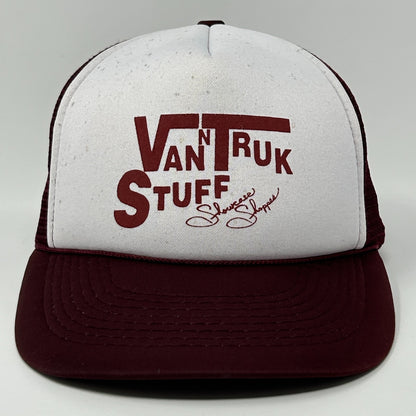 Vintage Trucker Hat in white and burgundy with logo 'Van Truk Stuff' on the front, featuring a structured design