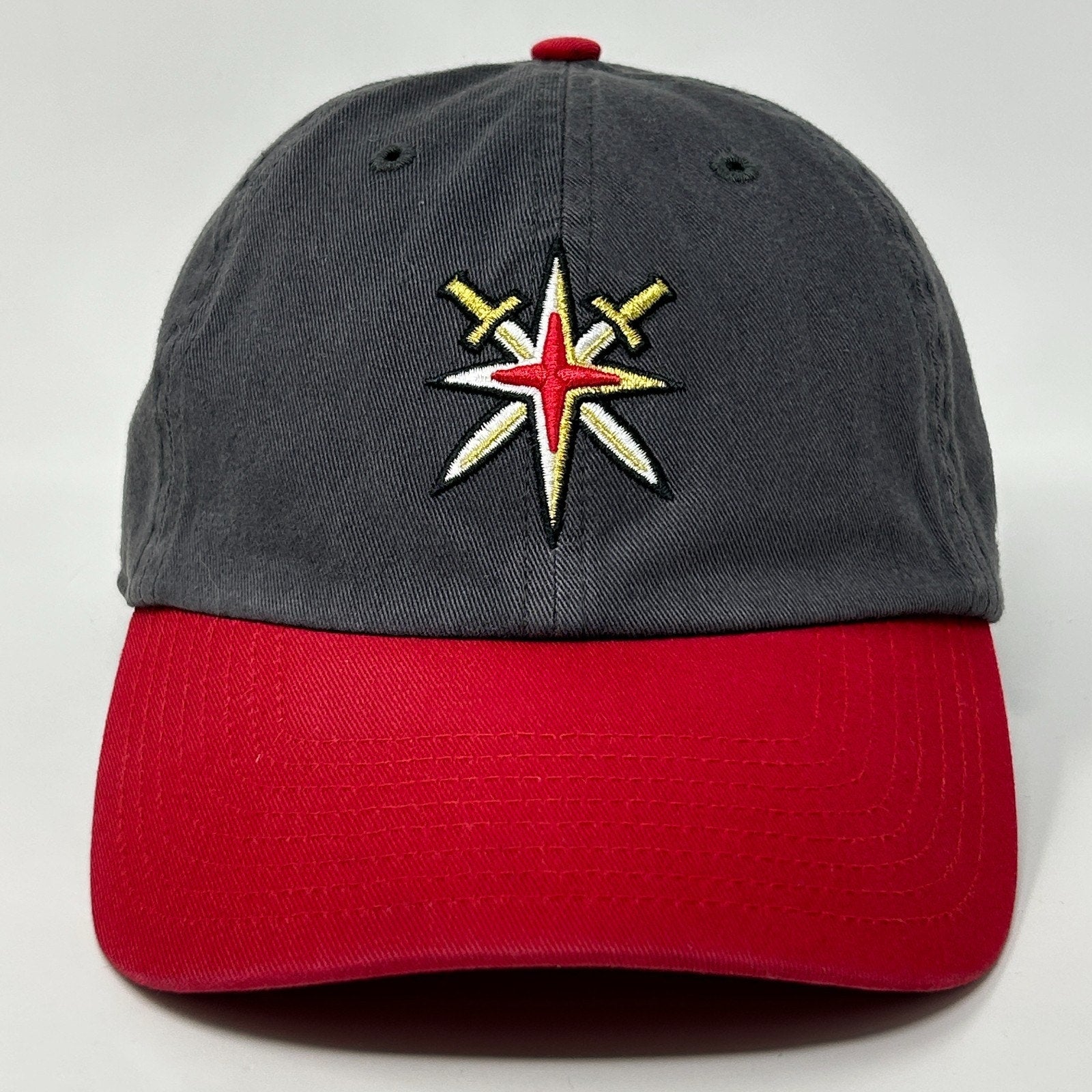 Vegas Golden Knights Hat in gray and red with embroidered logo on the front for sports fans